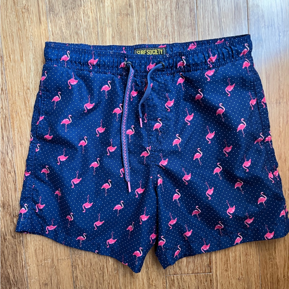 Surf Society Swim Trunks Size Medium blue pink Flamingo